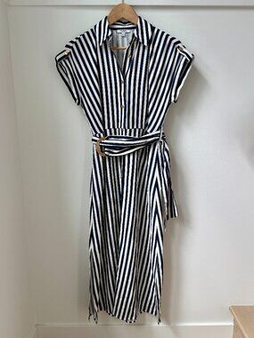 Isaac Mizrahi New York Navy & White Striped Midi Shirtdress with Belt NWT